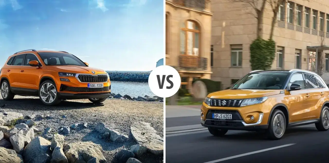 Pomarańczowy model Skody Karoq na plaży kontra żółty Suzuki Vitara w mieście.