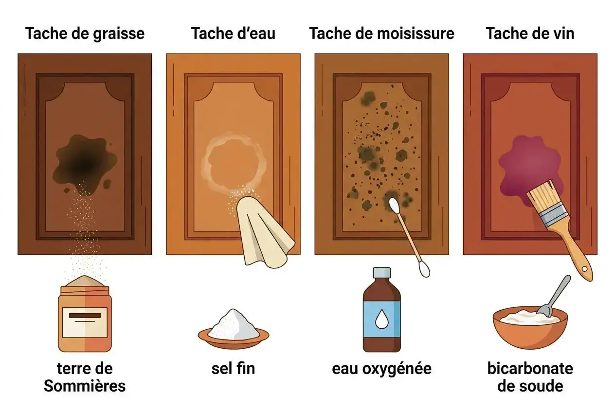 Comment d&eacute;graisser du bois : astuces pour taches de graisse, d'eau, de moisissure et de vin avec terre de Sommi&egrave;res, sel fin, eau oxyg&eacute;n&eacute;e et bicarbonate de soude.