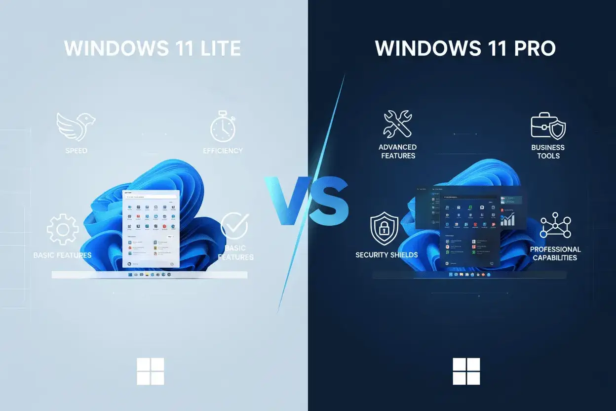 Por&oacute;wnanie Windows 11 Lite z funkcjami podstawowymi, szybkością i wydajnością kontra Windows 11 Pro z zaawansowanymi funkcjami, narzędziami biznesowymi i profesjonalnymi możliwościami.