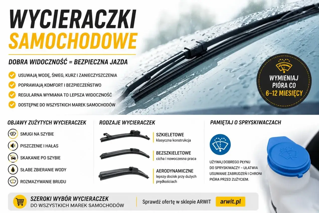 Rodzaje wycieraczek samochodowych: szkieletowe, bezszkieletowe i aerodynamiczne. Dbaj o widoczność i bezpieczeństwo, wymieniając pi&oacute;ra co 6-12 miesięcy.