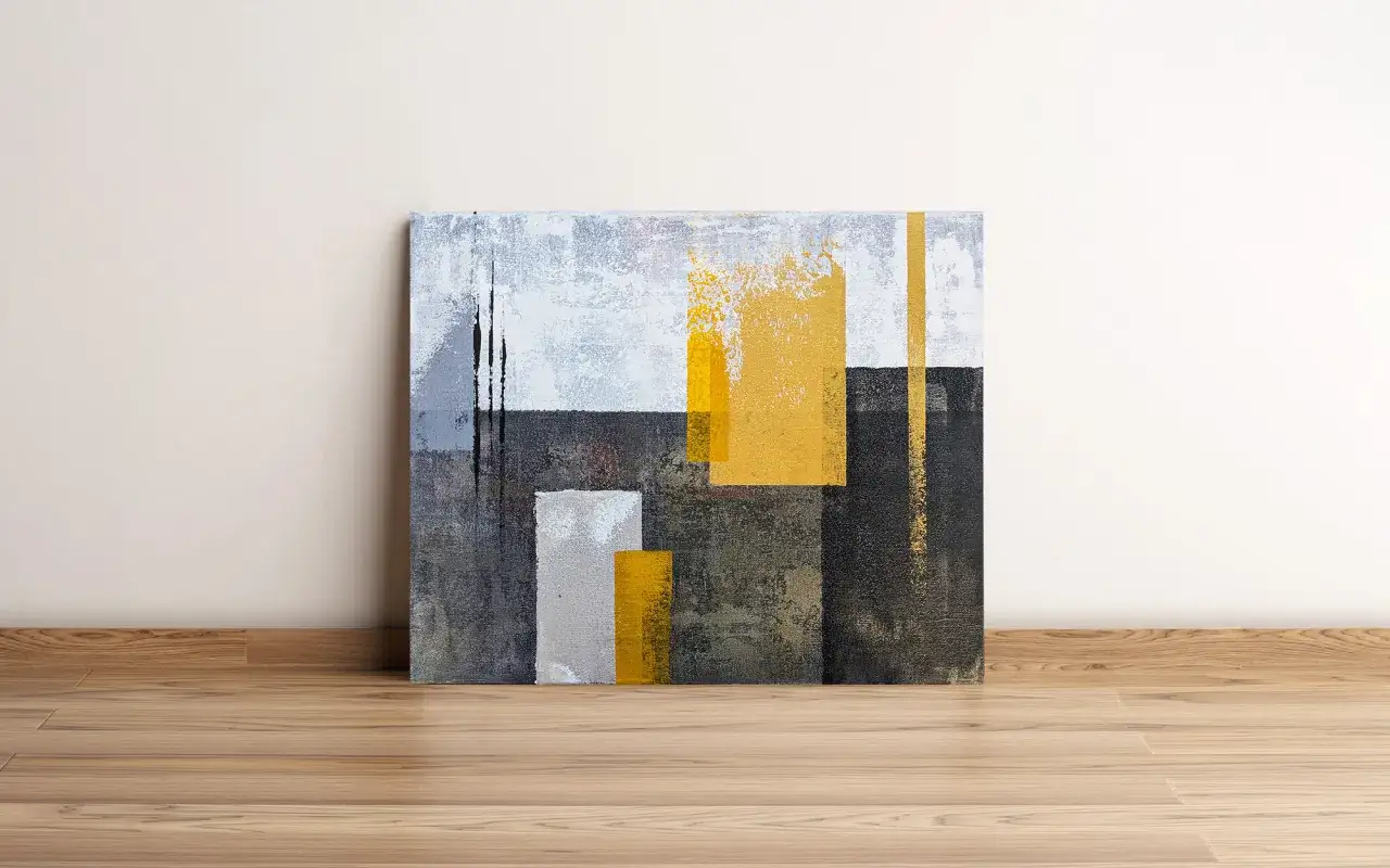 Tableau peinture acrylique sur bois, composition abstraite aux formes géométriques et aux couleurs vives, évoquant un paysage urbain stylisé.