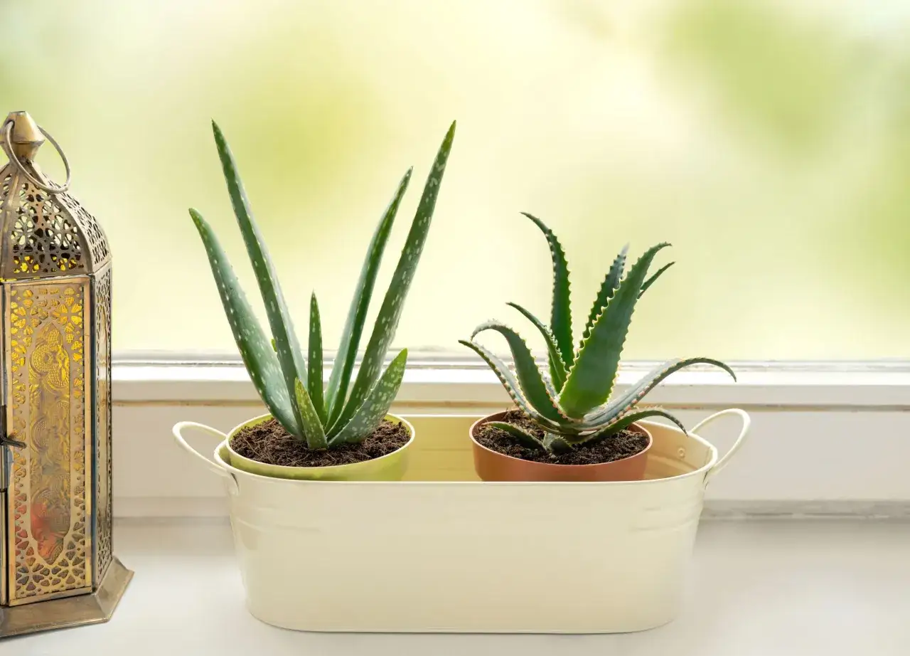 Dwa sukulenty, różne aloes odmiany, w doniczkach stoją na parapecie obok ozdobnej latarenki.