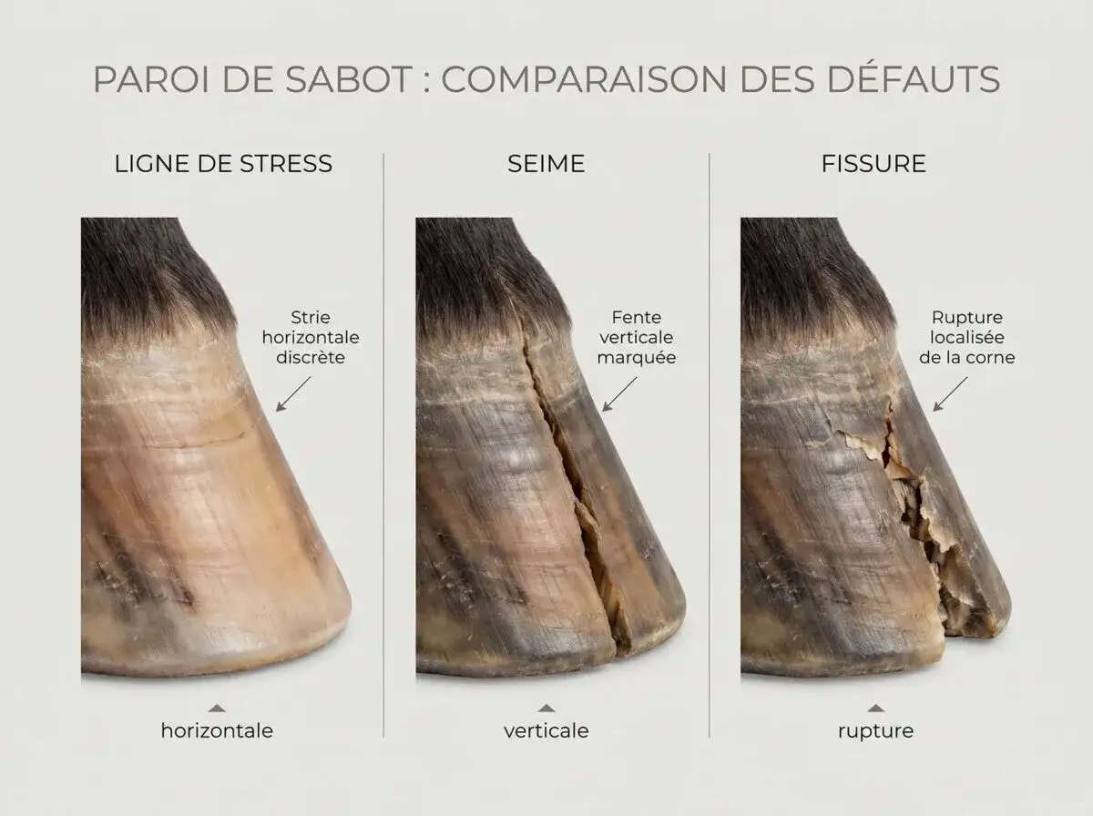 Comparaison de défauts de sabot : ligne de stress (horizontale), seime (verticale) et fissure (rupture).