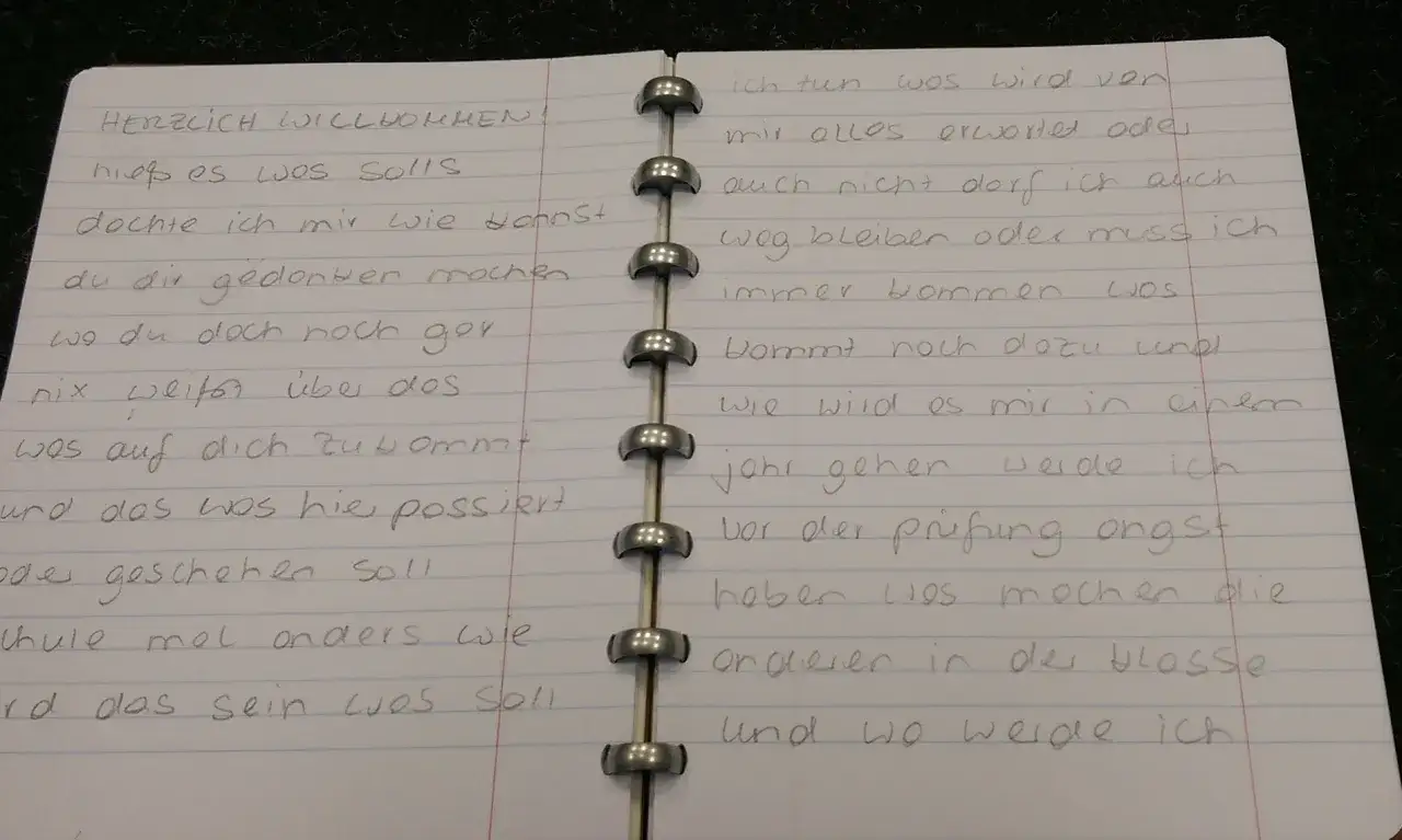Ein offenes Notizbuch mit handschriftlichen Gedanken, die sich um 