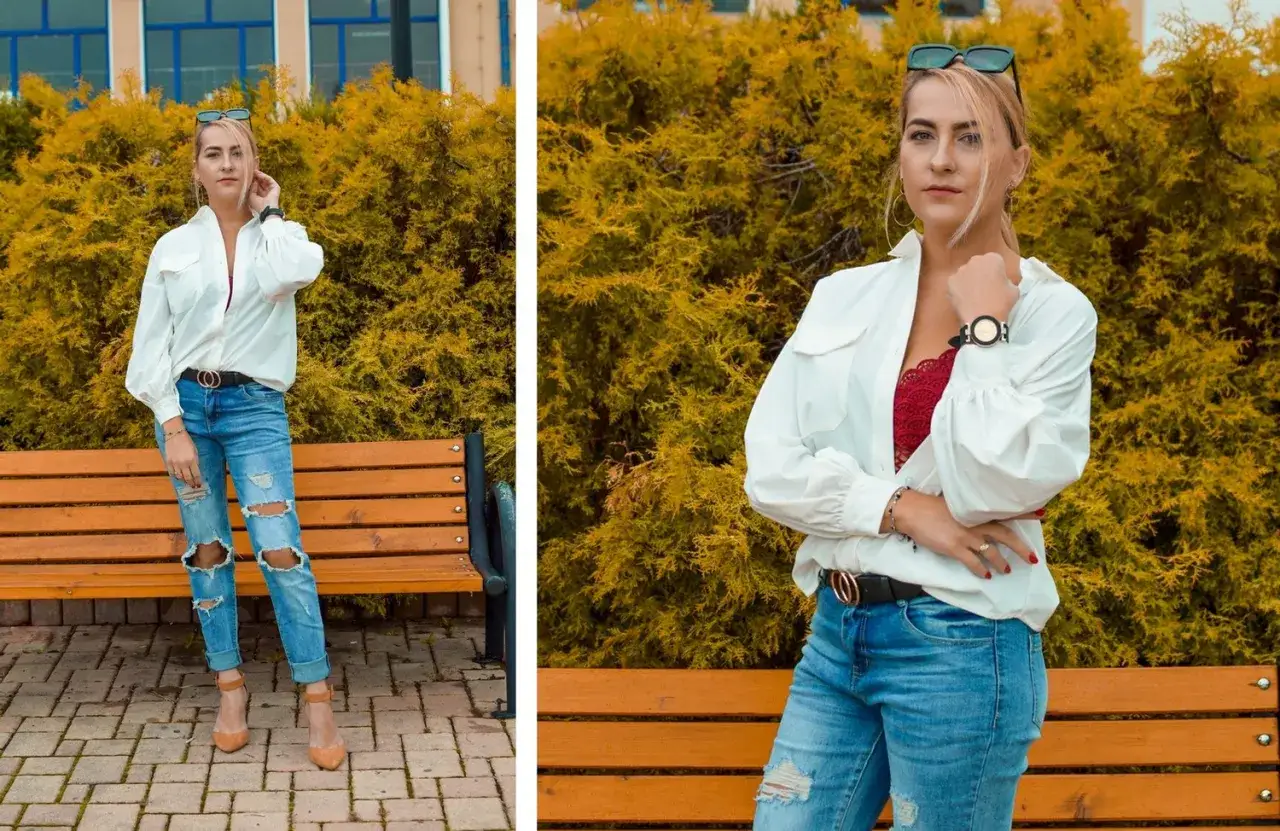 Elegancko i na luzie: jak nosić koszulę do dzinsów. Biała koszula, podarte jeansy i szpilki tworzą stylowy zestaw.