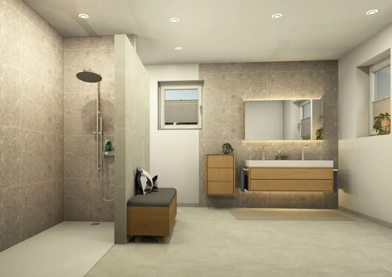 Moderne begehbare Dusche mit gro&szlig;formatigen Fliesen. Tolle Fliesenfugen-Ideen f&uuml;r ein stilvolles Bad.