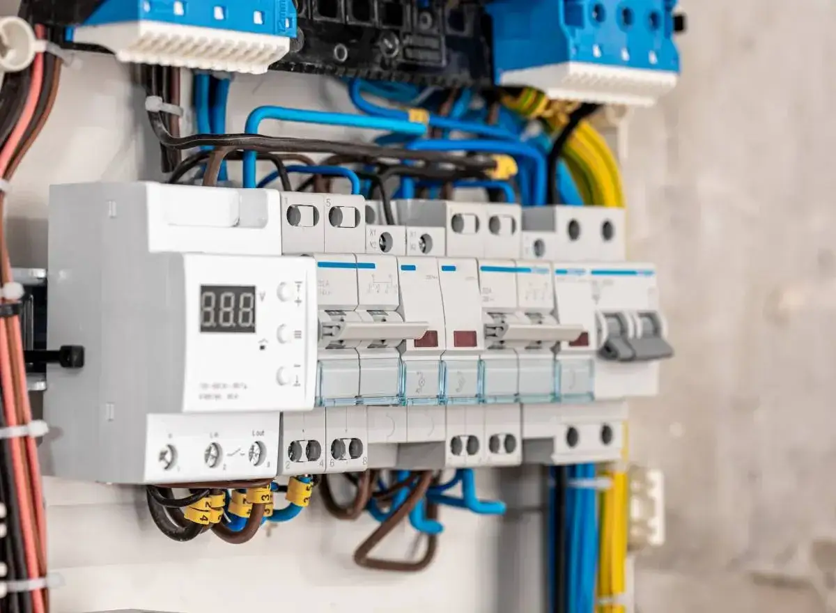 Zabudowa elektryczna z wyłącznikami i licznikiem. Czekanie na podłączenie prądu do działki może być długie, ale ten panel to krok do celu.