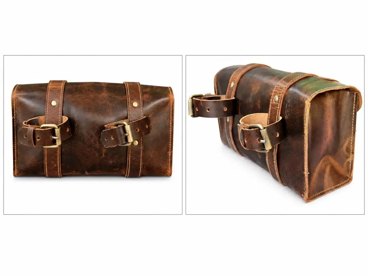 Borsa in pelle marrone scuro, stile vintage, perfetta per la tua moto. Ha cinghie e fibbie in metallo anticato per un look autentico.
