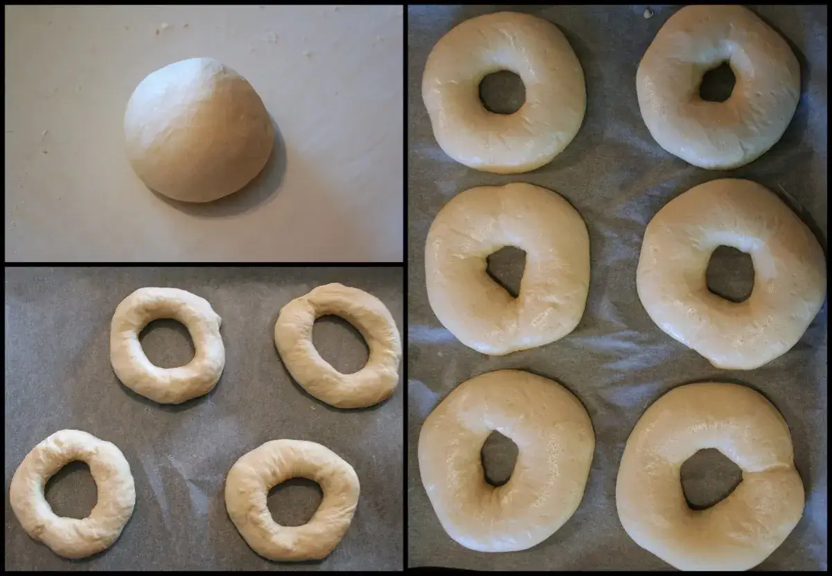 Pr&eacute;paration de la p&acirc;te pour la cuisson de bagels. Une boule de p&acirc;te repose &agrave; gauche, tandis que des bagels form&eacute;s attendent sur des plaques de cuisson.