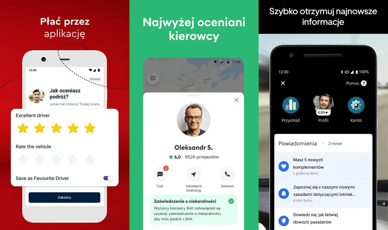 Aplikacja do zamawiania przejazdów. Widok oceny kierowcy z gwiazdkami i opcją
