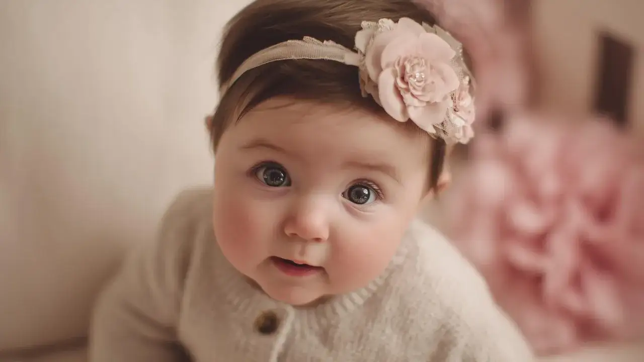 Bebé con diadema floral, sus ojos reflejan la ternura de nombres que significan amor.