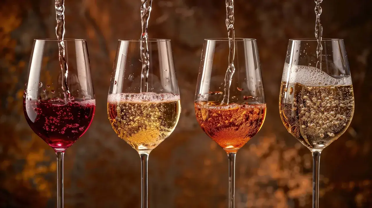 Vier Gläser mit sprudelnden Getränken: Rotwein, Champagner, Rosé und Weißwein. So schmeckt Champagner!