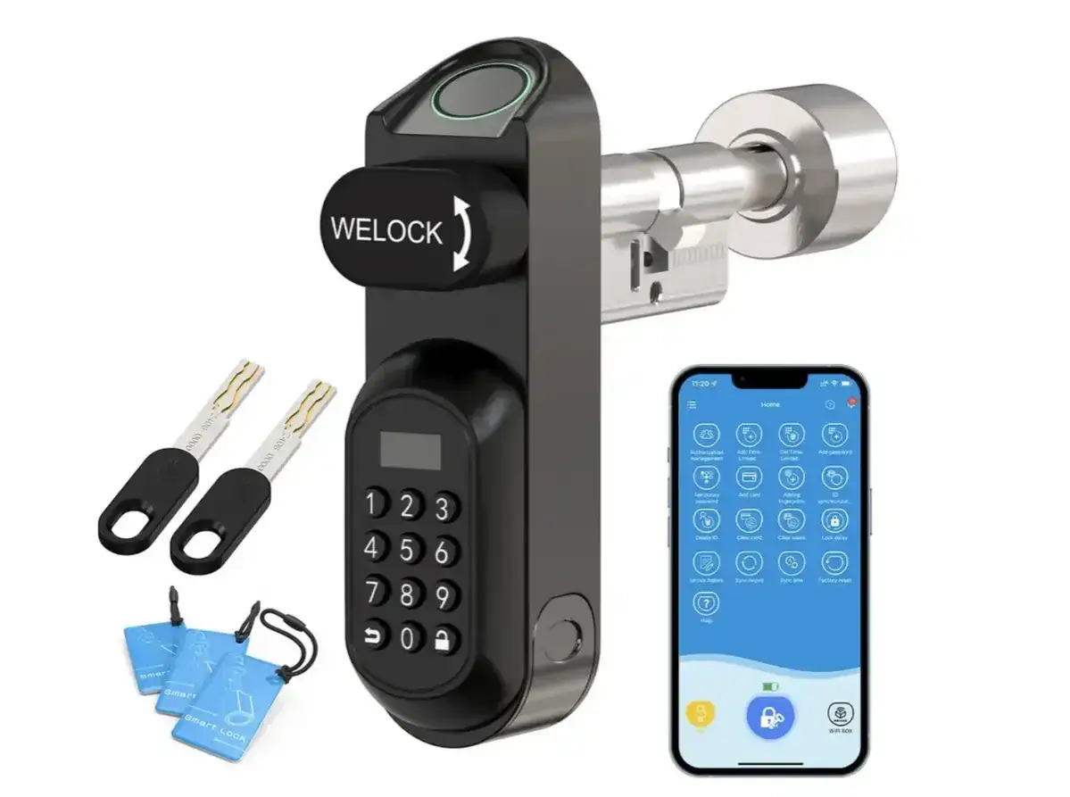 Serrure connect&eacute;e avec empreinte digitale, clavier num&eacute;rique et application mobile pour une gestion facile des acc&egrave;s, id&eacute;ale pour votre Airbnb.