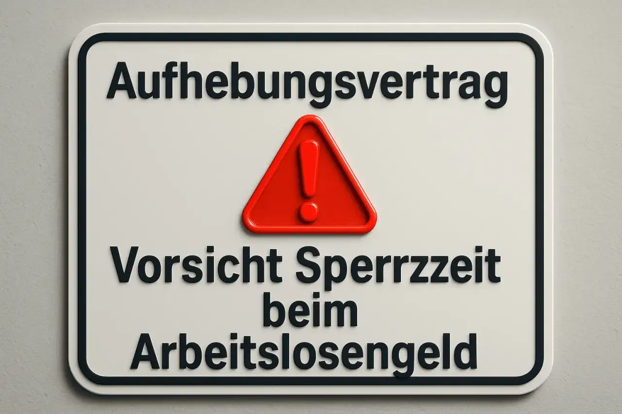 Schild: Aufhebungsvertrag, Achtung Sperrzeit beim Arbeitslosengeld. Eine Abfindung kann den Anspruch auf Arbeitslosengeld beeinflussen.