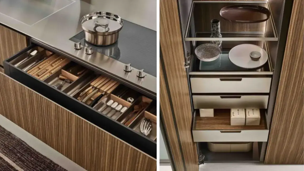 Organizzazione perfetta per la cucina: cassetti con posate e utensili ordinati, e un armadio con contenitori e oggetti decorativi. Idee su cosa mettere sul tavolo della cucina.