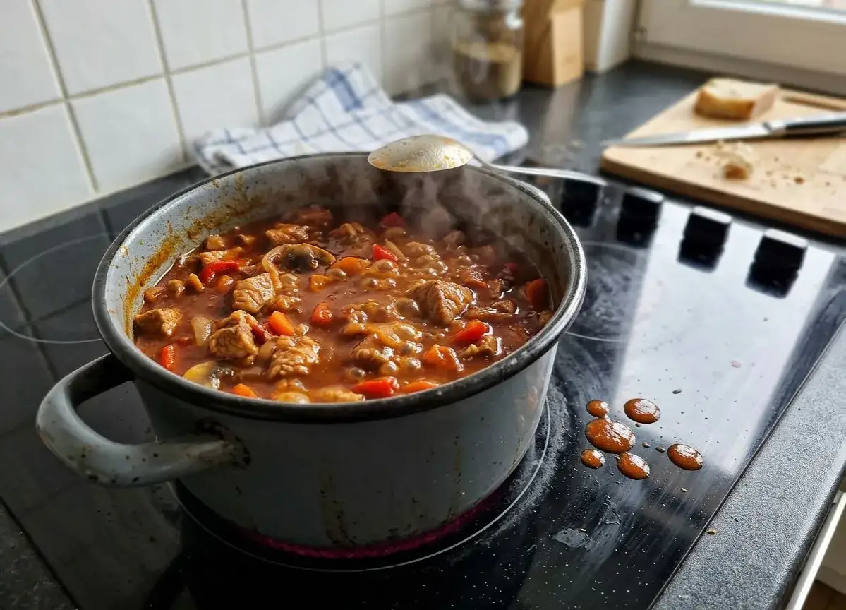 Gorący gulasz z mięsem, warzywami i grzybami paruje w garnku. Idealny do zagęszczenia, gdy sos jest zbyt rzadki.