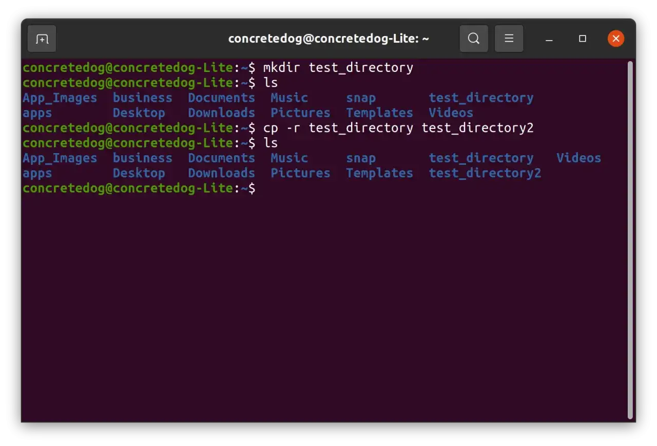 Terminal w systemie cp linux. Tworzenie katalogu test_directory, a następnie jego kopiowanie do test_directory2.