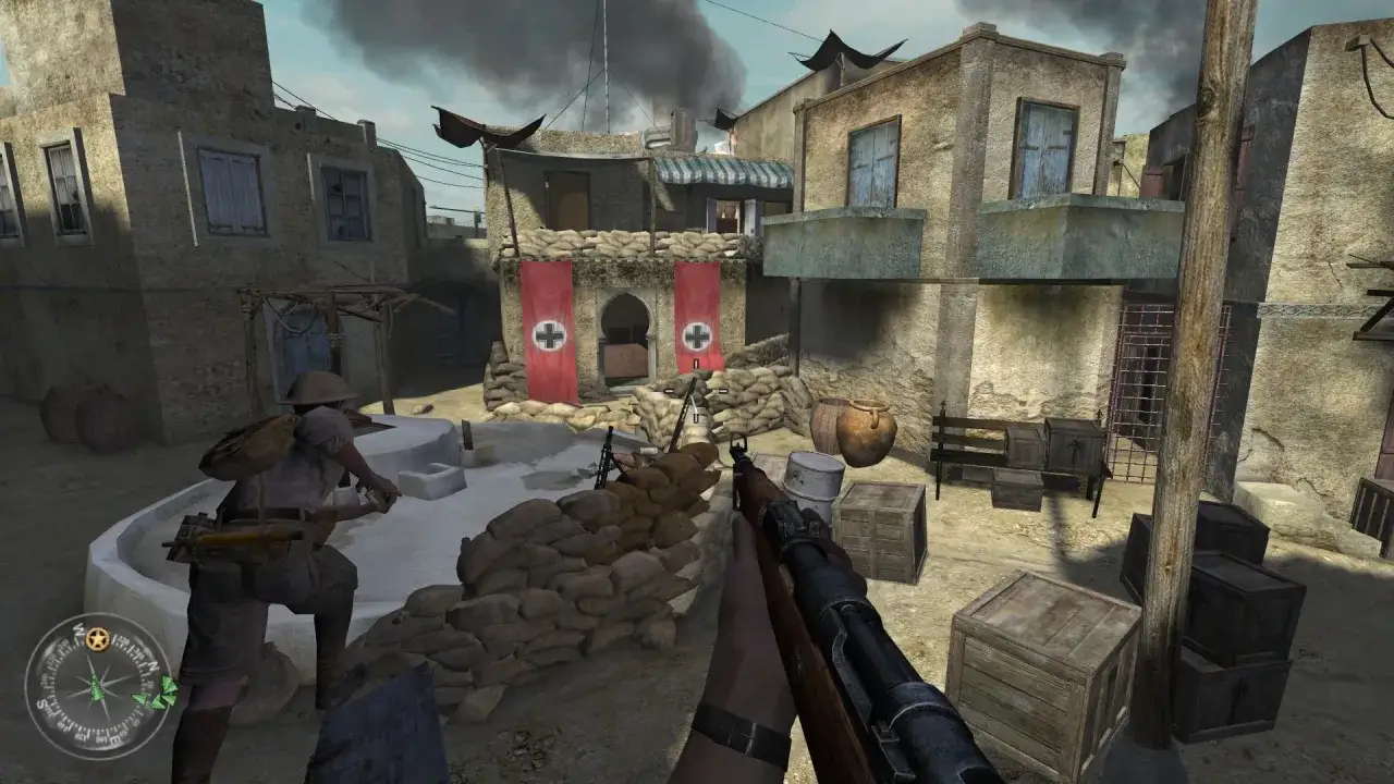 Gracz w Call of Duty 2 manewruje w wąskich uliczkach, unikając ostrzału.
