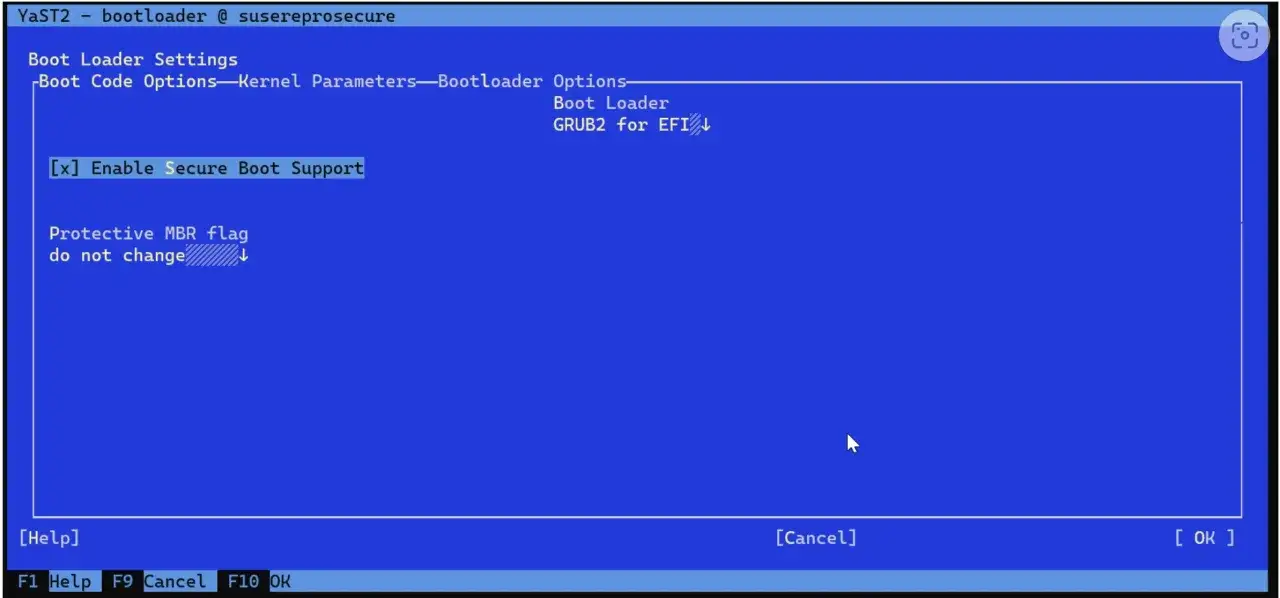 Configuraci&oacute;n de GRUB2 para EFI. Habilitar soporte de arranque seguro para un grub rescue exitoso.