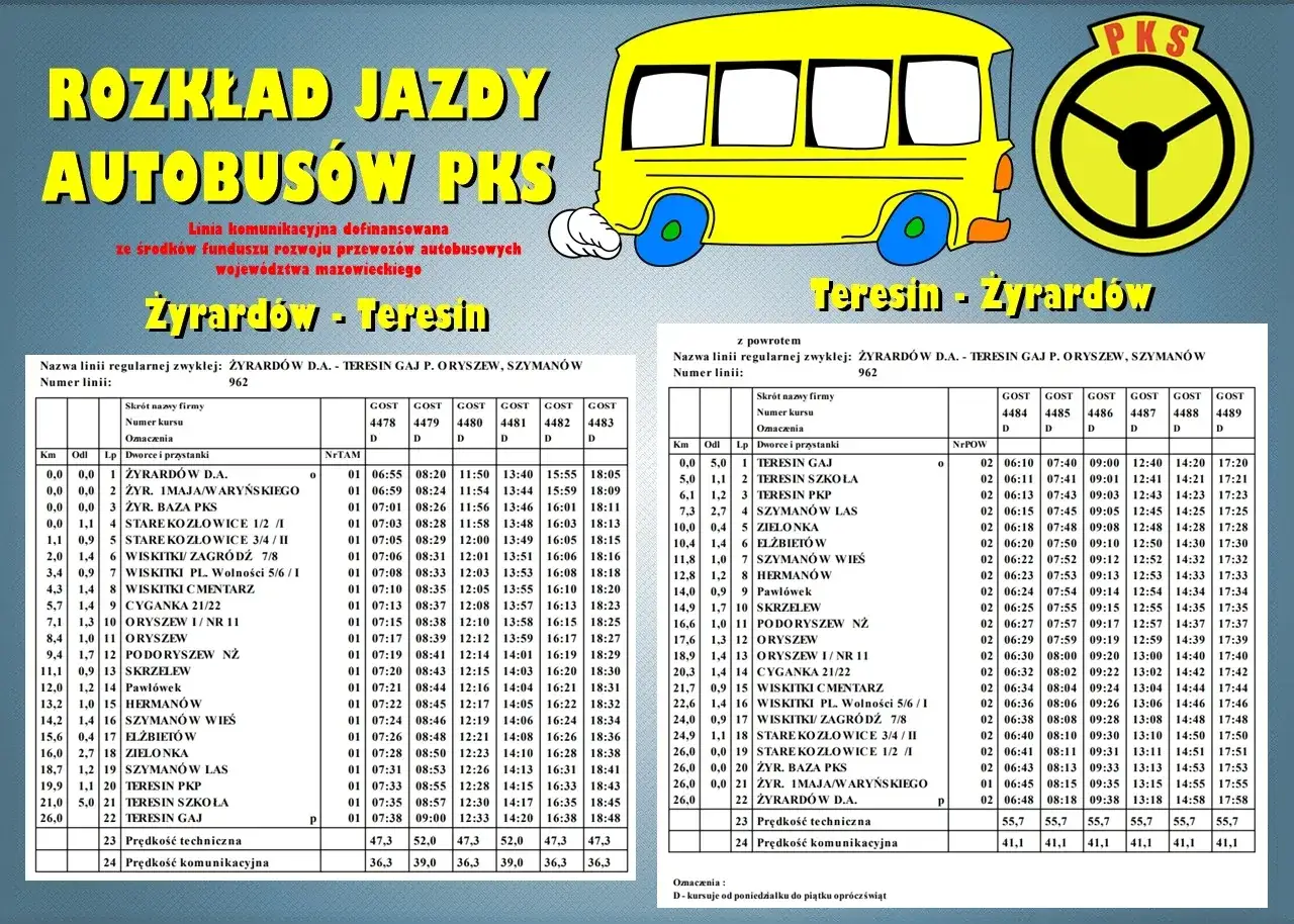 Rozkład jazdy PKS Grodzisk Mazowiecki: Żyrardów - Teresin. Autobusy kursują między miastami, z podanymi godzinami odjazdów.