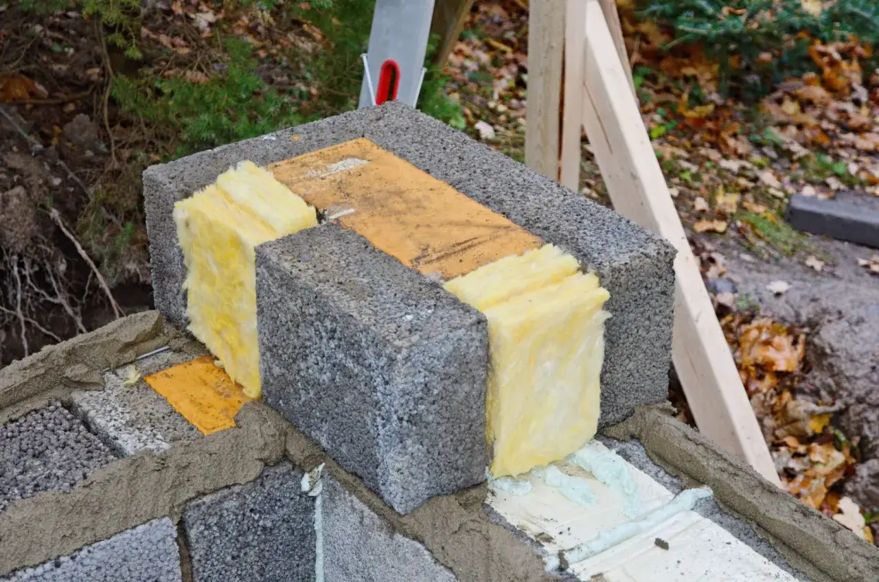 Isolering av lecablock med glasull. Man kan se att det är en byggarbetsplats där man håller på att såga lecablock för att passa in isoleringen.