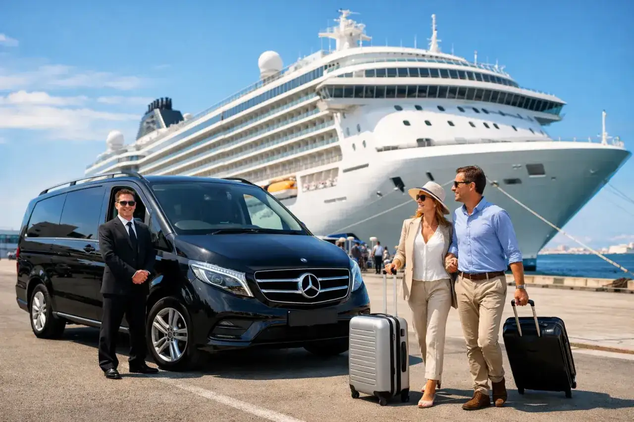 Un couple arrive au port de Civitavecchia, accueilli par un chauffeur devant un luxueux monospace et un immense paquebot de croisière.