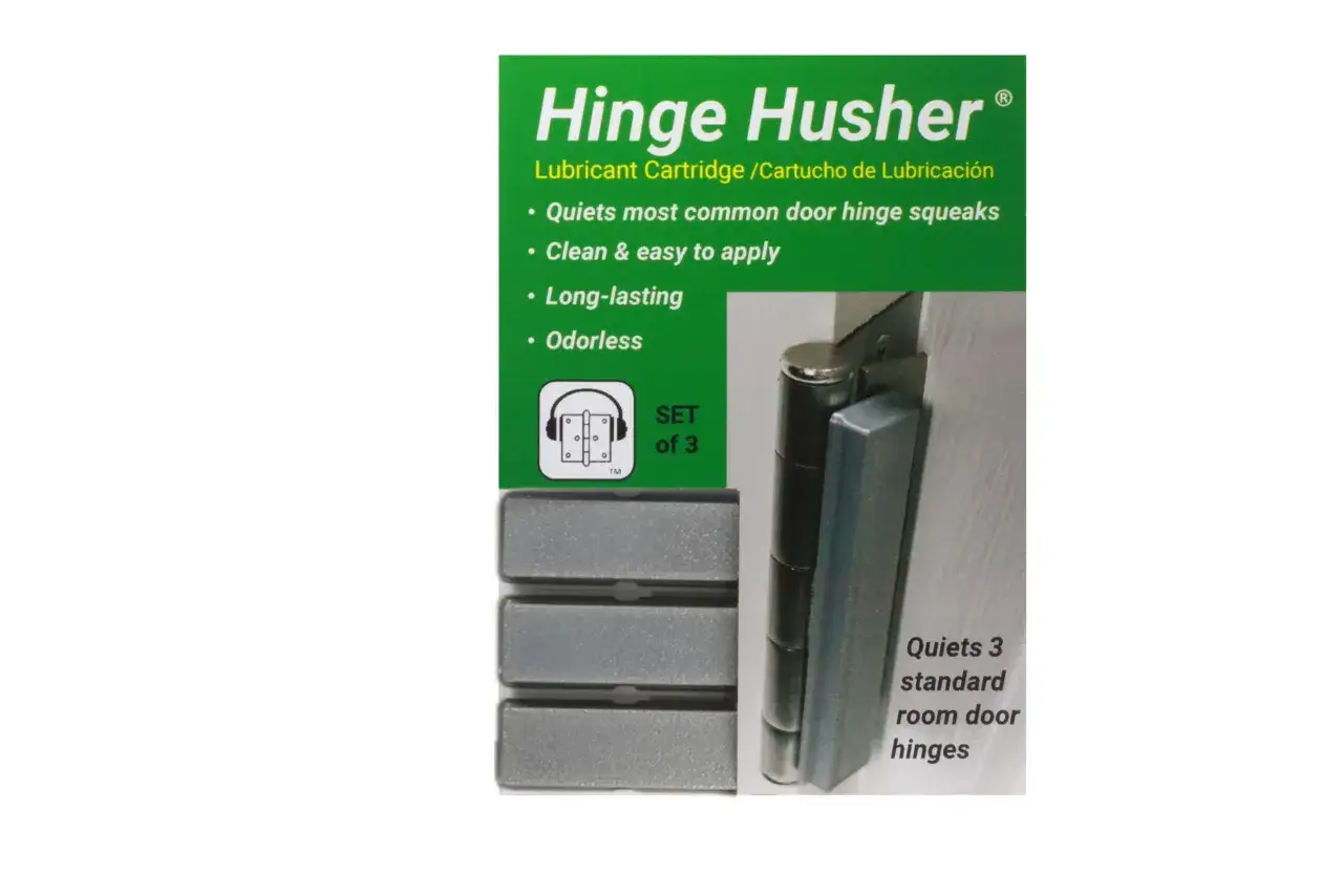 Produit Hinge Husher pour faire taire la porte qui grince. Lubrifiant facile &agrave; appliquer, longue dur&eacute;e, sans odeur. Lot de 3.