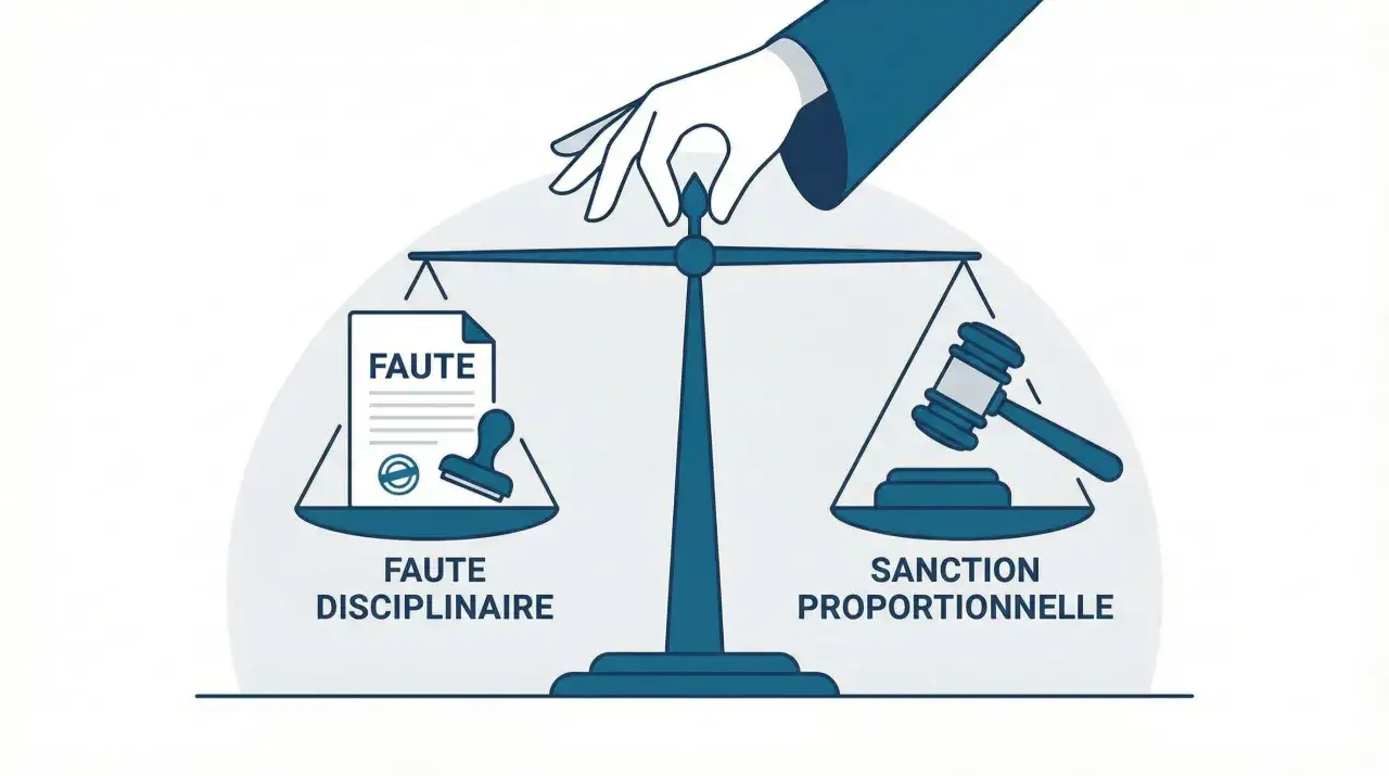 Balance de justice : d'un c&ocirc;t&eacute;, une faute disciplinaire ; de l'autre, une sanction proportionnelle. Id&eacute;al pour un mod&egrave;le lettre contestation sanction disciplinaire.