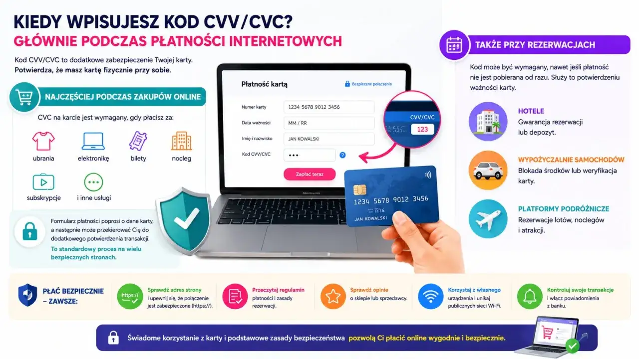 Podczas płatności online, na formularzu wpisujesz numer karty, datę ważności, imię i nazwisko, a także kod CVV/CVC.
