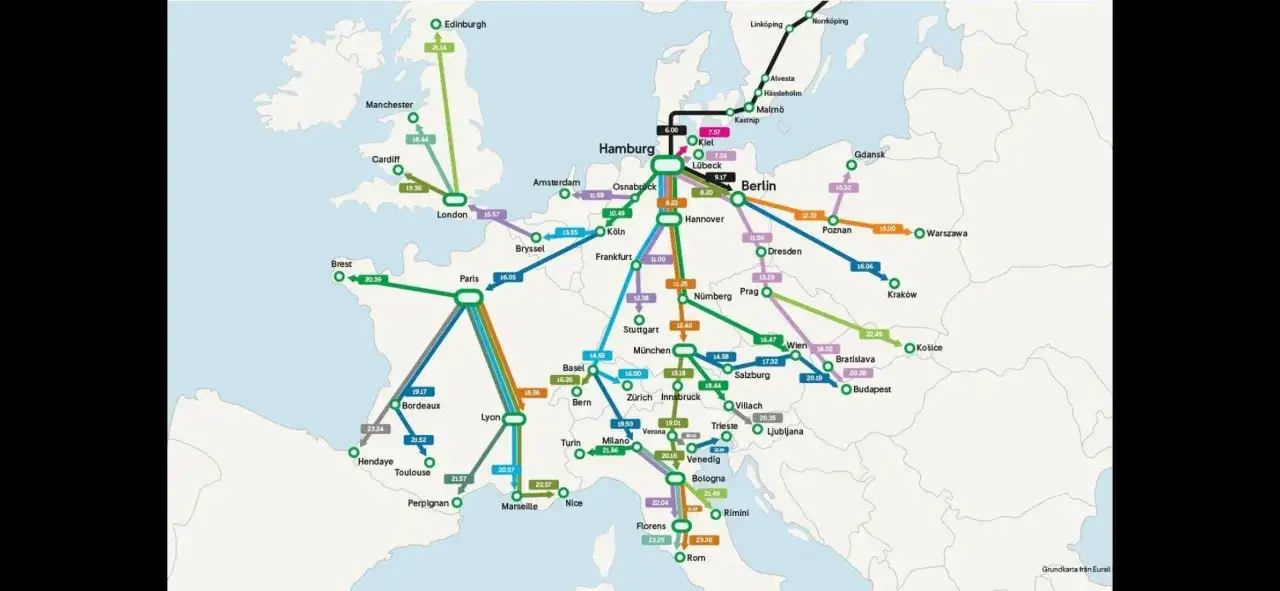Karta över nattåg i Europa med linjer och avgångstider. En resa med nattåg genom Europa är ett bekvämt sätt att resa.