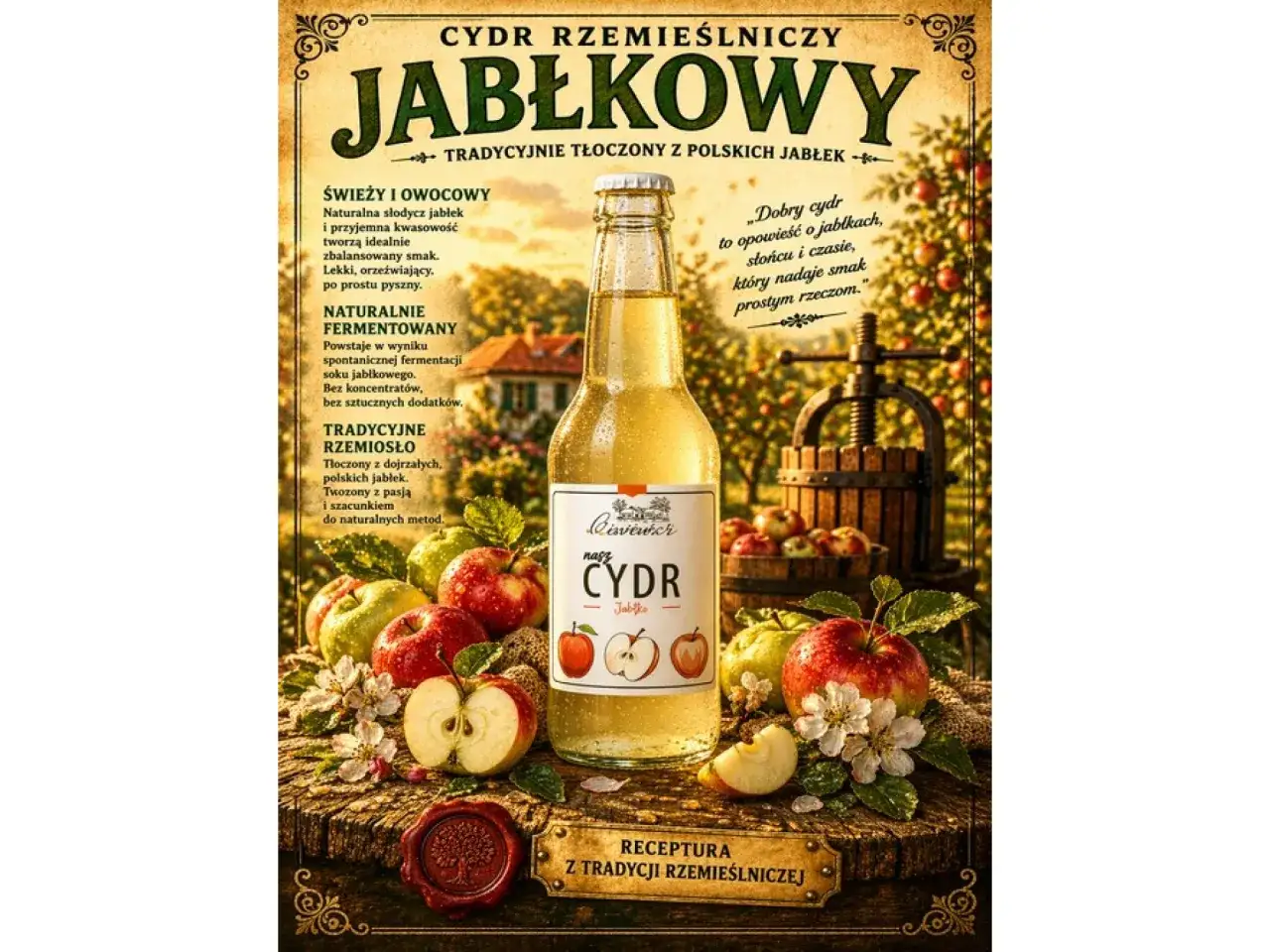 Cydr jabłkowy, naturalnie fermentowany, tłoczony z polskich jabłek. Pyszny, orzeźwiający napój, który opowiada o słońcu i czasie.