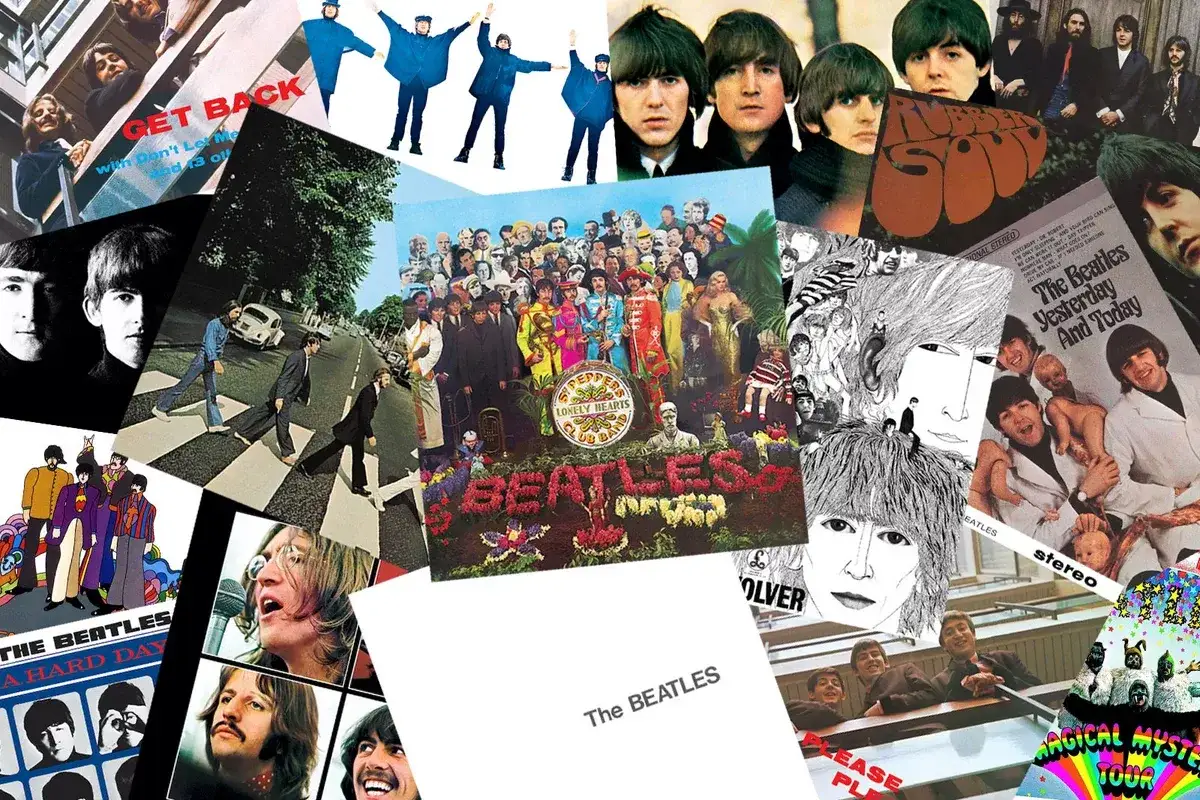 Kolaż okładek płyt The Beatles, prezentujący ikoniczne utwory i wizerunki zespołu, od Abbey Road po Sgt. Pepper.