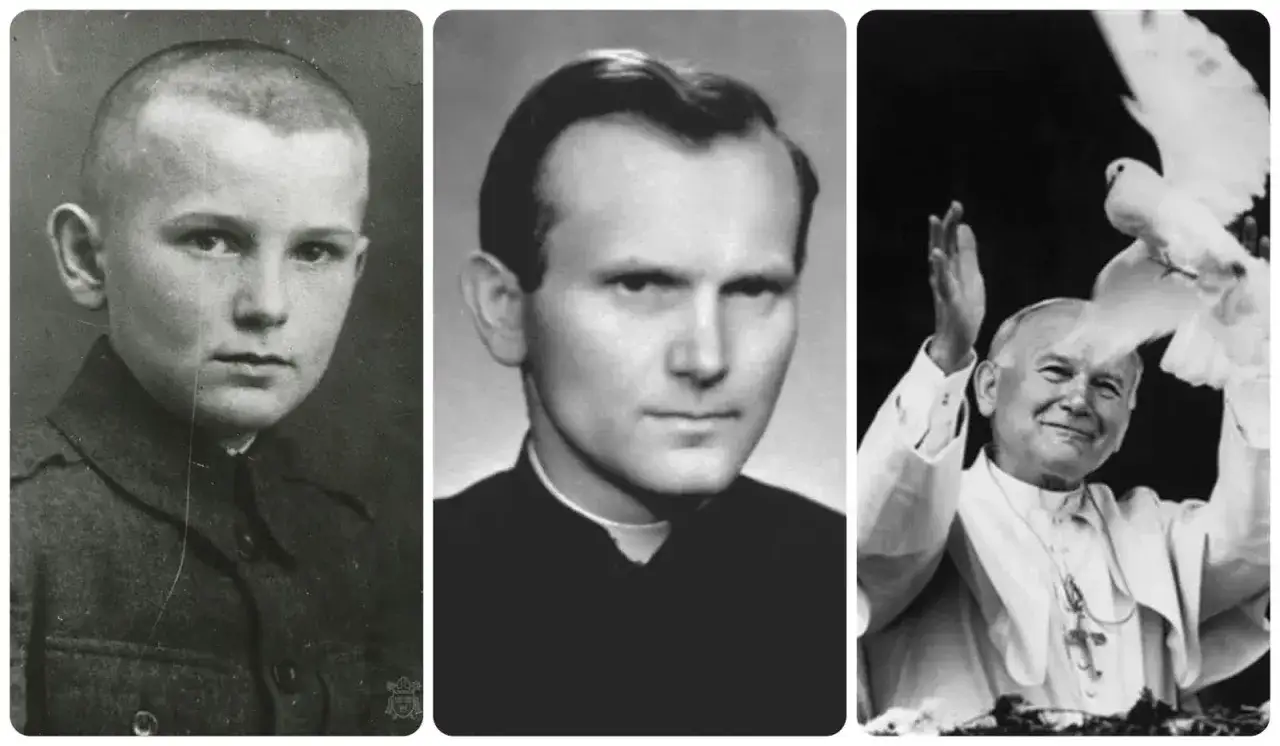 Trzy etapy życia Karola Wojtyły: jako chłopiec, młody ksiądz i papież uwalniający gołębia. Jan Paweł II zmarł na chorobę Parkinsona.