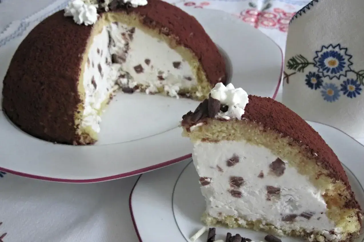 Un delizioso zuccotto gelato, con pan di Spagna soffice, crema bianca e scaglie di cioccolato, spolverato di cacao.