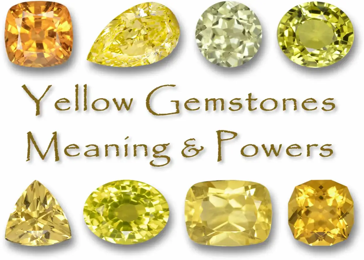 A collection of yellow gemstones, showcasing their diverse cuts and shades. Der gelbe Stein Bedeutung steht für Freude und Wohlstand.