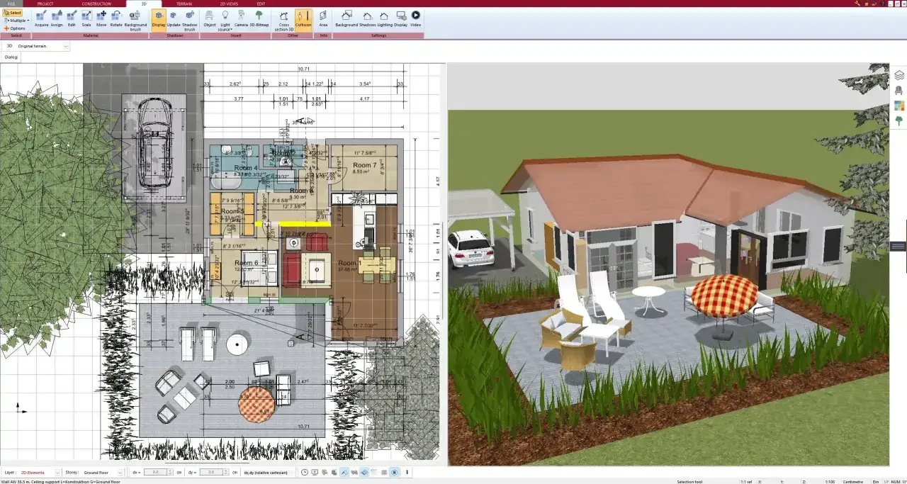 Program do projektowania ogrodu pokazuje plan domu z wymiarami i wizualizację 3D z tarasem i meblami ogrodowymi.