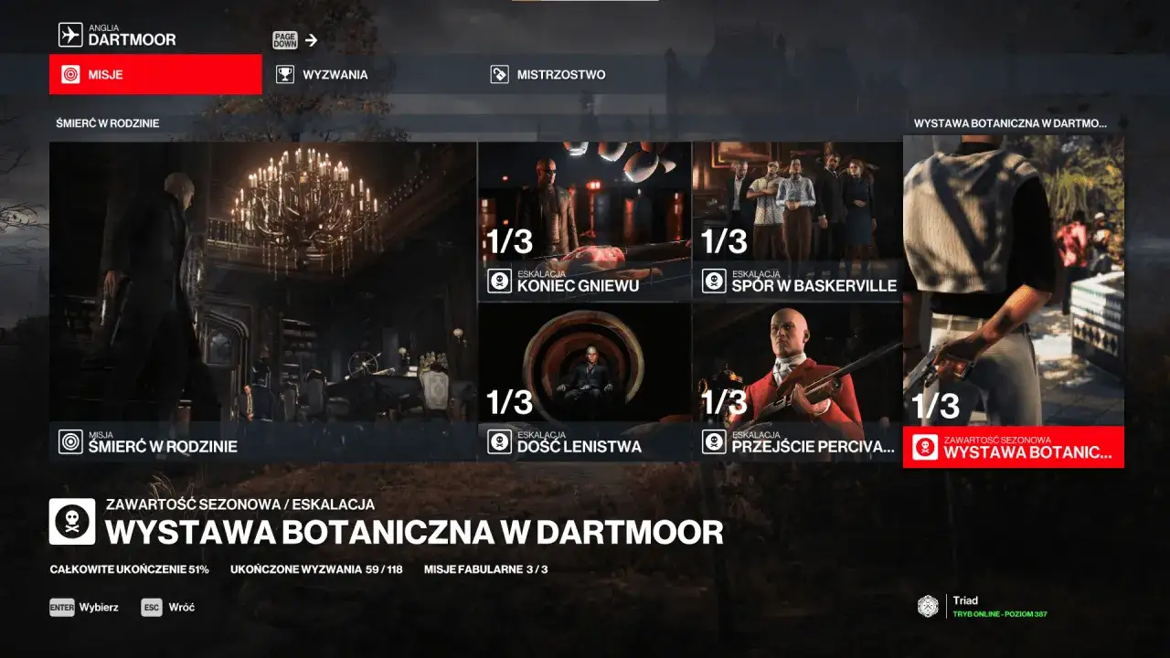 Menu gry Hitman 3 z opcją spolszczenie. Widoczne misje: Śmierć w rodzinie, Koniec gniewu, Spór w Baskerville, Dość lenistwa, Przejście Percivala i Wystawa botaniczna w Dartmoor.