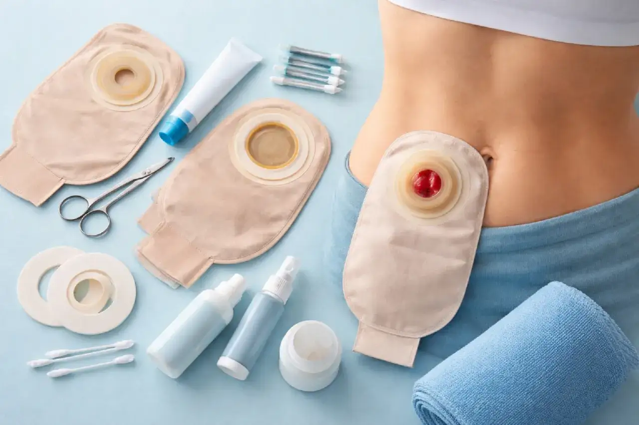 Akcesoria do pielęgnacji stomii. Urostomia co to? Zestaw zawiera worek stomijny, płytkę, nożyczki, krem i spray.