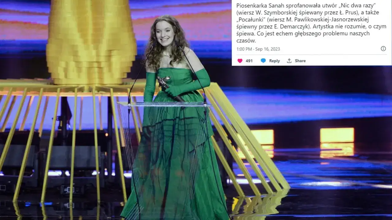 Sanah w zielonej sukni śpiewa utwór 