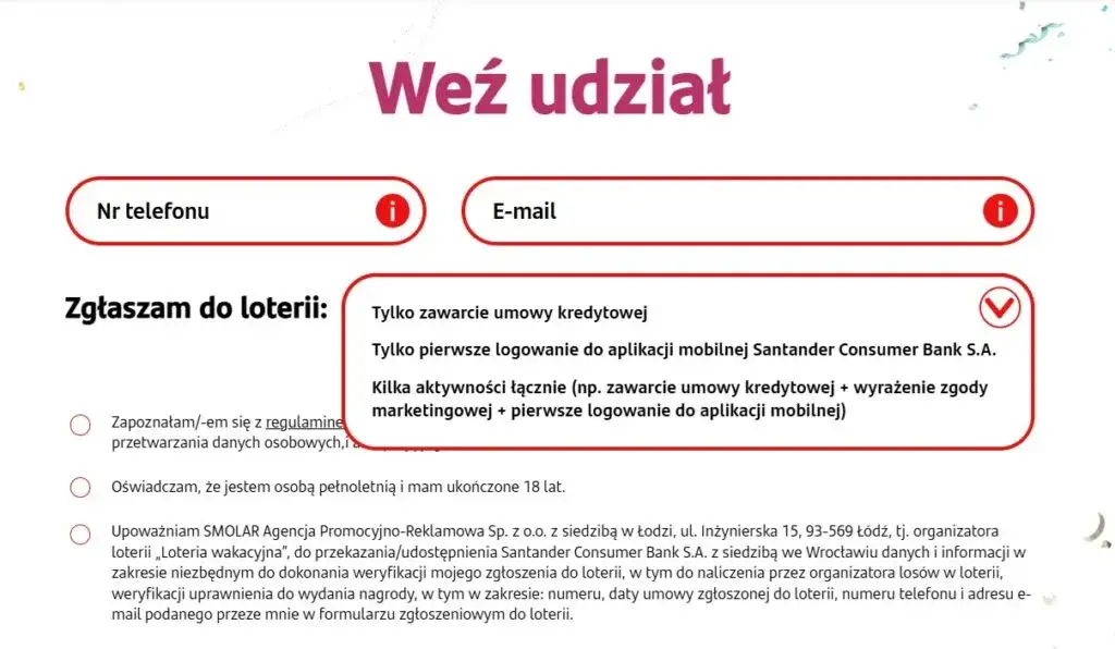 przykładowy formularz rejestracji kodu w loterii online