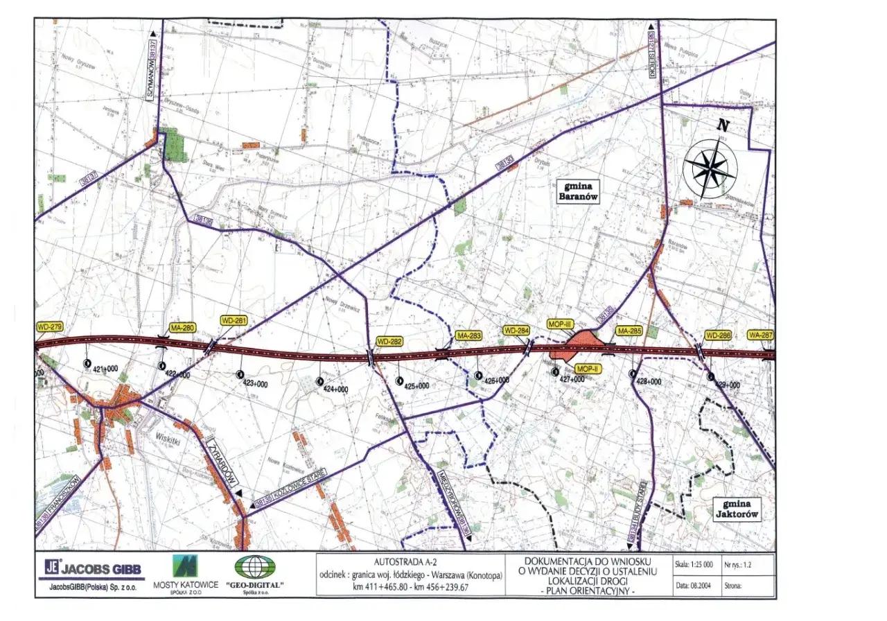 Mapa autostrady A2 z odcinkami płatnymi i bezpłatnymi