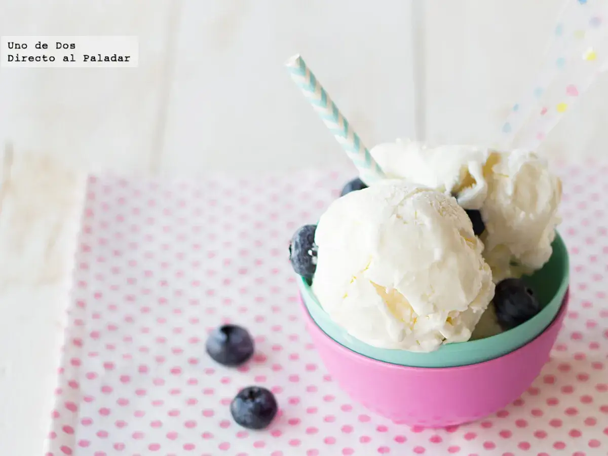 Dos deliciosos heladitos de vainilla con arándanos, servidos en un cuenco de colores y listos para disfrutar.
