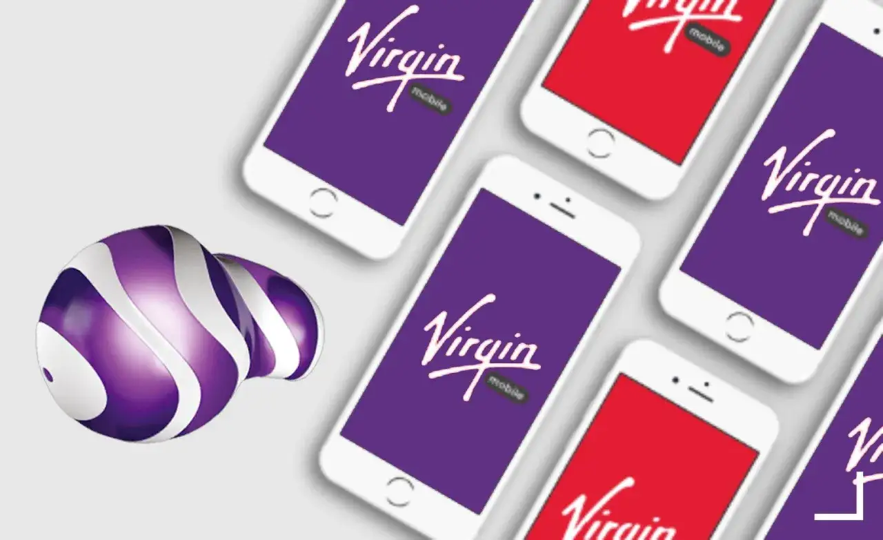 Wiele smartfonów z logo Virgin Mobile, w tym fioletowe i czerwone ekrany. Obok znajduje się spiralne logo Virgin. Virgin Mobile właściciel.