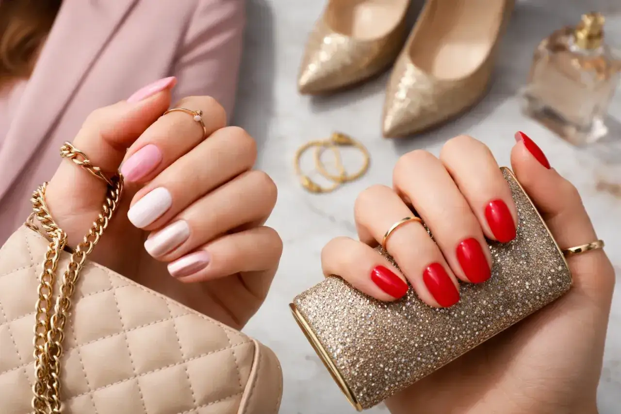 Mani con smalto rosa e rosso, che mostrano come abbinare lo smalto ai vestiti con accessori glamour.