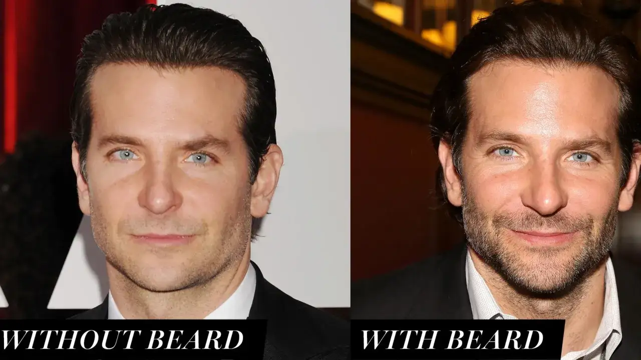 Bradley Cooper z zarostem i bez. Porównanie efektów modelowania brody.