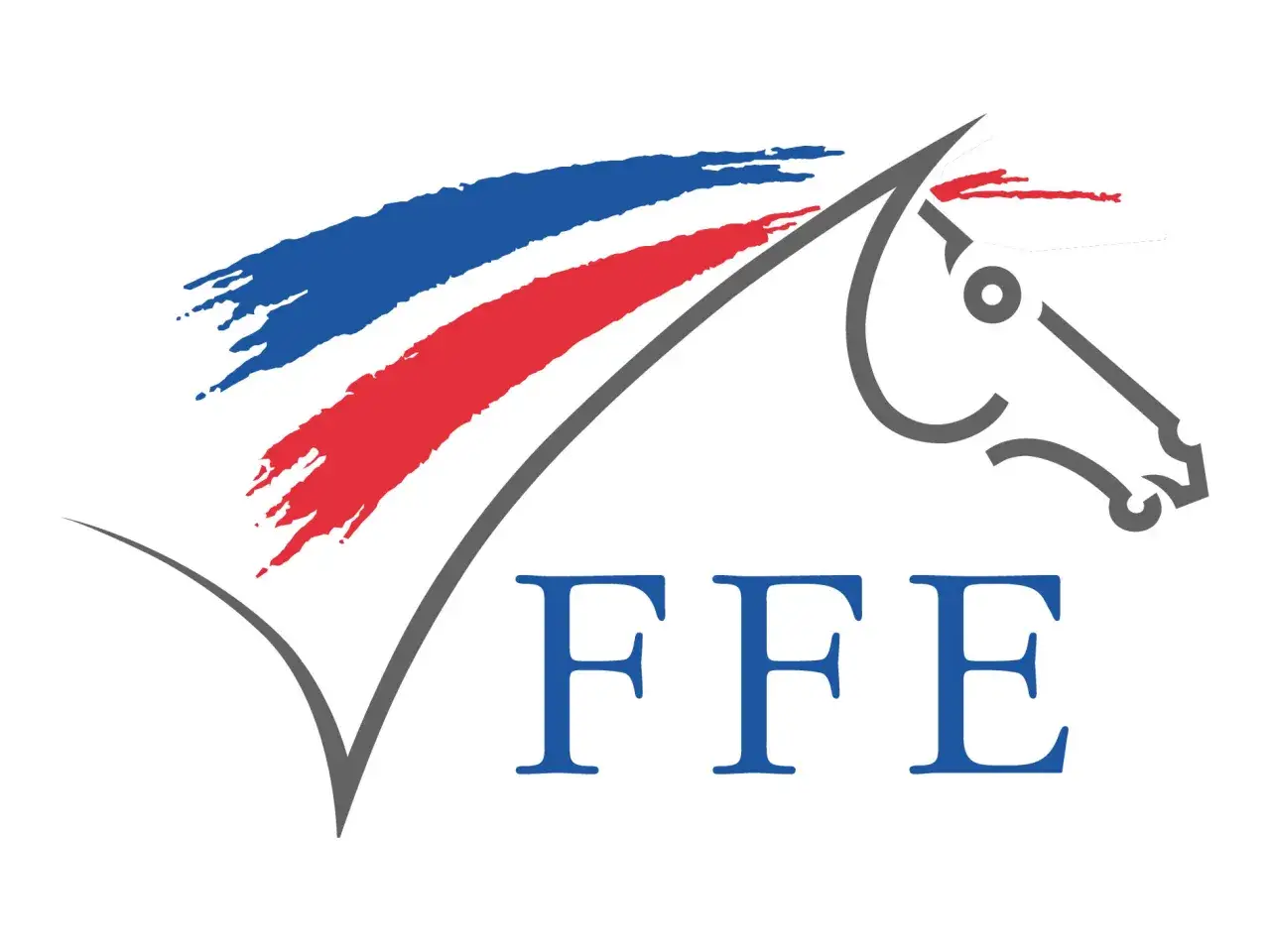 Logo FFE avec un cheval stylisé et les couleurs du drapeau français. Il symbolise le nombre licenciés équitation France.