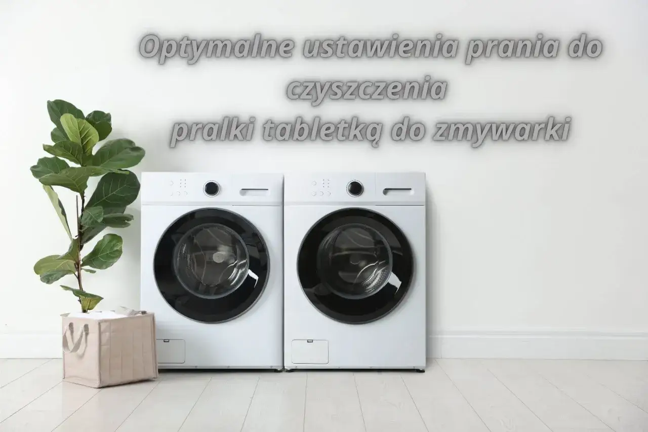 Dwie białe pralki obok siebie. Obok jednej z nich stoi duża roślina w ozdobnym koszu. Tekst na ścianie sugeruje czyszczenie pralki tabletką do zmywarki.