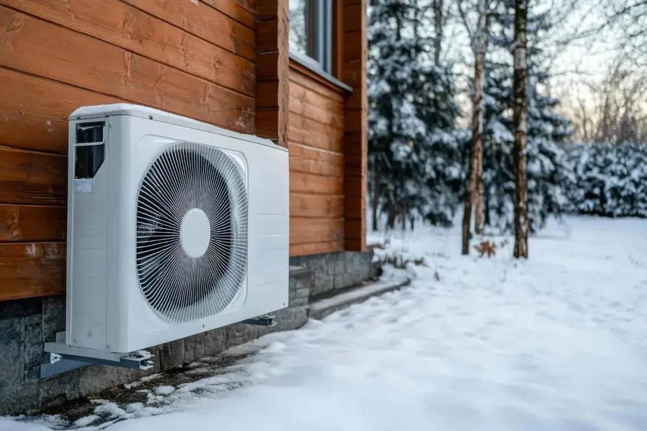Zimowy krajobraz z jednostką zewnętrzną klimatyzacji przy drewnianym domu. Sprawdź ogrzewanie klimatyzacją koszt, by cieszyć się ciepłem.