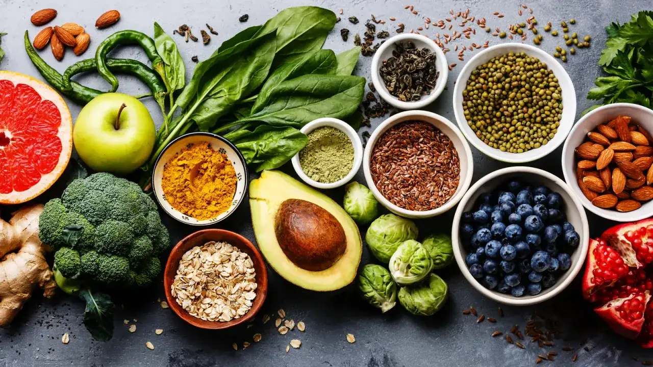 Gesundes Essen nach dem Joggen: frisches Obst, Gem&uuml;se, N&uuml;sse, Samen und Haferflocken.
