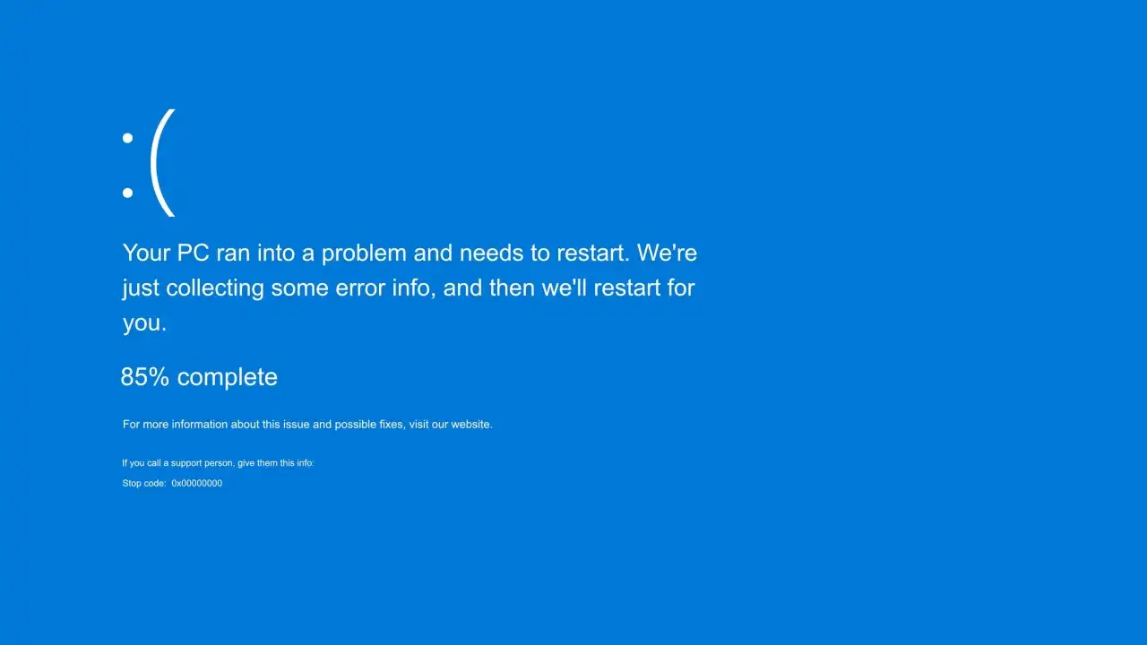 Niebieski ekran błędu Windows z uśmiechniętą buźką i komunikatem o problemie. Komputer napotkał **unexpected store exception** i zbiera informacje przed restartem.